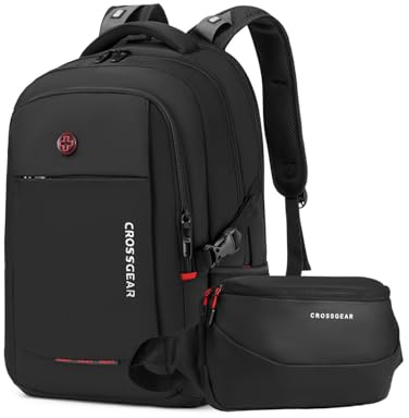 CROSSGEAR Ryggsäck för bärbar dator + slingväska, 43,3 cm lätt pendlarryggsäck med YKK-dragkedja, anti-luktfoder, lastfördelande remmar, stor affärsryggsäck + midjeväska för män kvinnor, svart