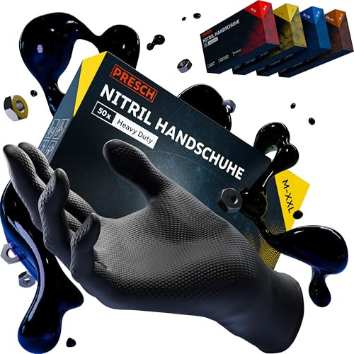 PRESCH Heavy Duty Engångshandskar Svart 50st. (XL - 10) – Nitrilhandskar med diamantstruktur för extra grepp – Latex och puderfria – Rivtålig tack vare förstärkt rullad kant