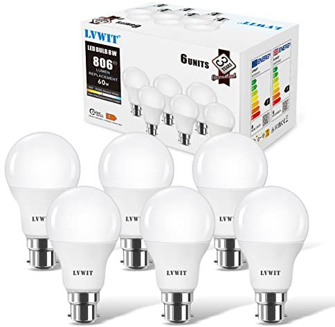 LVWIT Lampadine LED Attacco B22 Forma A60, 8W Equivalente a 60W, Luce Bianca Neutra 4000K, Flusso Luminoso 806LM, Risparmio Energetico, Non Dimmerabile, Pacco da 6 Unità