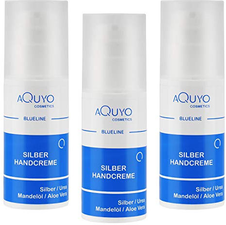 Blueline Silber Handcreme für sehr trockene, raue, rissige und entzündete Hände, Silbercreme zur Hautpflege bei Juckreiz oder Neurodermitis, Creme mit Microsilber, Aloe Vera & Urea (3x 100ml)