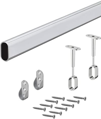 Möbelrohr OVAL Schrankstange Metall Kleiderstange 1200 mm mit 2 Stück Schrankrohrlager für Deckenmontage | Stahl verchromt | Schrankrohr 30 x 15 mm | 1 Set - Kleiderschrank-Stange mit Halterungen