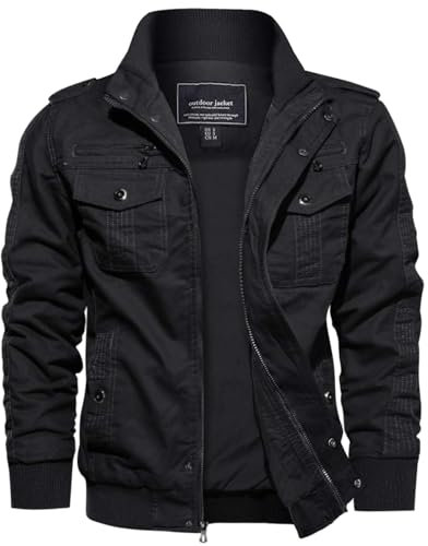 EKLENTSON Chaqueta Exterior para Hombre Chaqueta Cortavientos Clásica de Algodón con Bolsillos Cremallera, Negro, XL