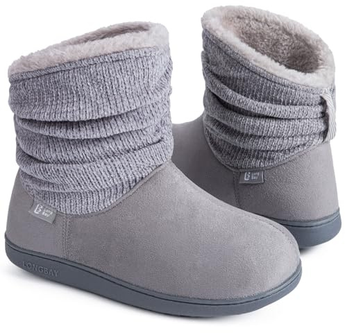LongBay Ladies' Warm Chenille Knit Bootie Slippers Women's Comfy Suedette Fluffy Faux Fur Memory Foam Boots House Shoes(7-8 UK,Grey)