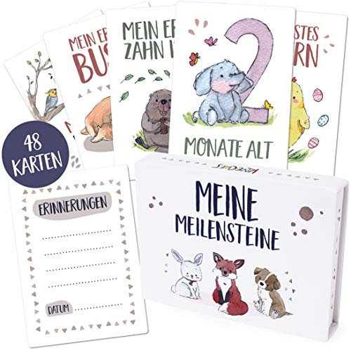 KNECKES 48 hochwertige Baby Meilensteinkarten/Milestone Baby Cards inkl. schöner Geschenkbox und Ratgeber, das ideale Geschenk zur Geburt, Taufe oder Babyparty für Mädchen und Jungen
