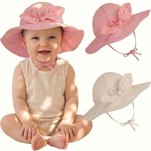 Syhood 2 Stück Baby Mädchen Sonnenhut Verstellbar Sommerhut Kleinkind Strand Mütze(0-12 Monate,Weiß und Rosa)