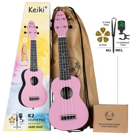 Ortega Guitars Sopran Ukulele Akustisch – Keiki K2 Series – Inklusive Zubehör – Agathis, ABS, Rosa (K2-FYD)
