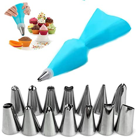 Sacchetti per pasticceria in silicone Ugelli per tubazioni Strumenti per decorare torte alla crema Sacchetti per pasticceria + 24 Set di ugelli Punte riutilizzabili Cucina-E16-16 pezzi-blu