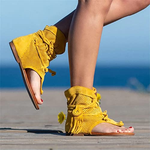 Riyueyi Chaussure Mode Sandale Plate Gladiateur Femme, Chaussures Été Confortable à Talons Plats Nu Pieds Mode Tongs Plages Claquettes Elégante Confortable RéTro BohèMe,Jaune,US8/EU40