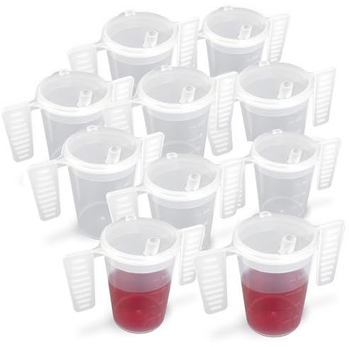 Wing Handled Beaker with Drinking Lid - Pack of 10 | Adult Beakers for Elderly Dementia Cup Adult Drinking Cup for Elderly Two Handled Drinking Cup Small Spouted Drinking Lid