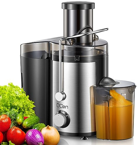 Qcen Juicer Machine, 800W Centrifugal Juicer Extractor with Wide Mouth 3” Feed Chute for Fruit Vegetable, Easy to Clean, Stainless Steel, BPA-free (Black)