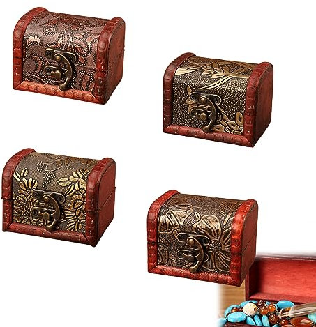 MEGYAD Lot de 4 mini coffres au trésor en bois avec couvercle et bouton en métal - Avec gravure - 8 x 6 x 6 cm - Pour accessoires photo, mariage, anniversaire d'enfant