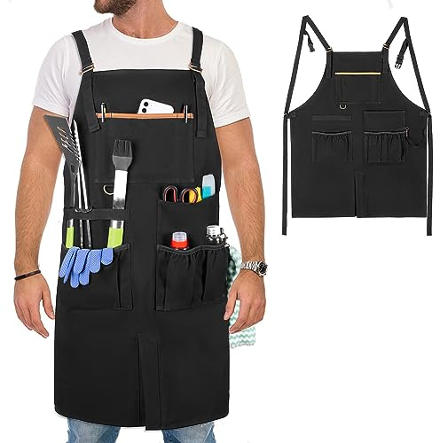 HODRANT Heavy-duty BBQ Grilling Apron, Outdoor Cooking Apron for Men & Women Chef with Dual Shoulder Straps & Adjustable Buckle, Anti-oil Kitchen Apron with Multiple Pockets & Slit Hem, Apron Only