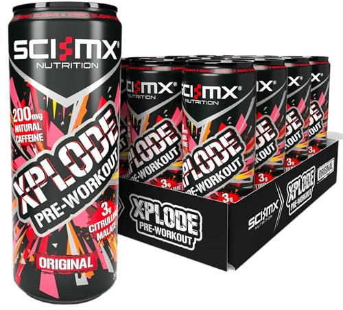 SCI-MX - X-PLODE Pre-Workout - 330ml x 12 - Ginger + Mango Flavour - 200mg Natural Caffeine, 3000mg Citrulline Malate, 16mg Vitamin B3, B6 + B12 - 24kcal / serving - Zero Sugar - Suitable for Vegans