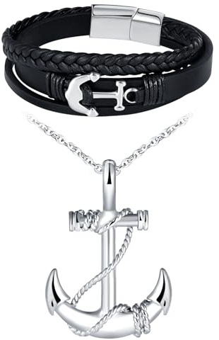 INFINIONLY Collar Colgante de Ancla de Acero Inoxidable para Hombre Adolescentes Moda Negro Pulsera Trenzada de Cuero Multicapa con Ancla Creativa Juegos de Joyas para Niño