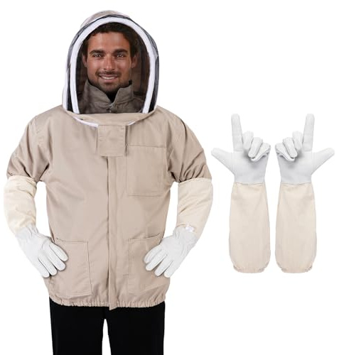 ZMHBKPS Bee Suit - Beekeeping Jacket for Men & Women - Beekeeper Jacket with Beekeeping Gloves and Veil Hood (Shallow Coffee, L)