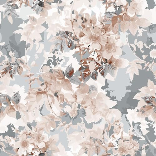 VEELIKE Tapete Blumen Rosa Grau Aquarell Blumentapete Vintage Mustertapete Tropische Blätter Fototapete Blumen Tapeten Wohnzimmer Muster Möbelfolie Selbstklebend Dekoration Schlafzimmer 44.5cm×300cm