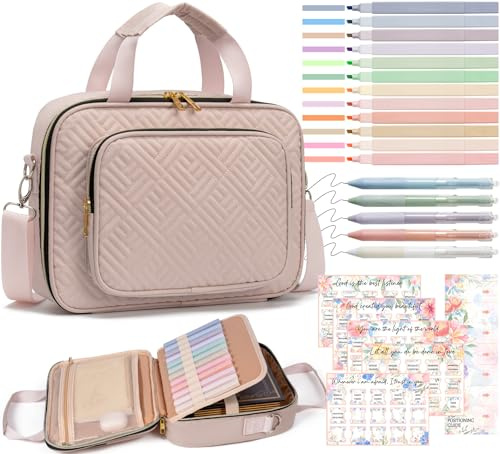 Bible Cover Case for Women, Large Bible Bag w/Shoulder Strap, Bible Study Supplies Journaling Kit Pink Book Carrying Case with Pastel Highlighter Tabs, Easter Mothers Day Christian Gifts for Women Mom