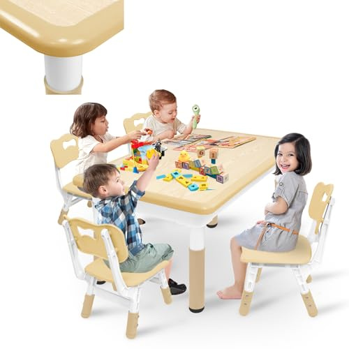 LARS360 Set da Tavolo per Bambini con 4 Sedie Regolabili, Set Tavolo Bambini in HDPE&ABS, Mobili Multifunzionali per Bambini a partire da 2 anni (120 x 60 x 60 cm, Colore Legno)
