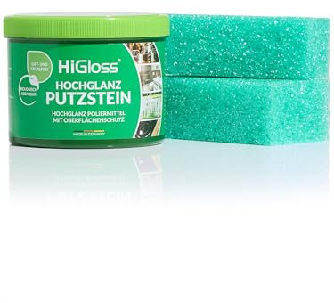 HiGloss Putzstein 900g – Universalstein & Universalreiniger inkl. 2 Putzschwämme – Poliermittel für Küche, Bad, Haus & Garten – Streifenfreier Glanz, Made in Germany