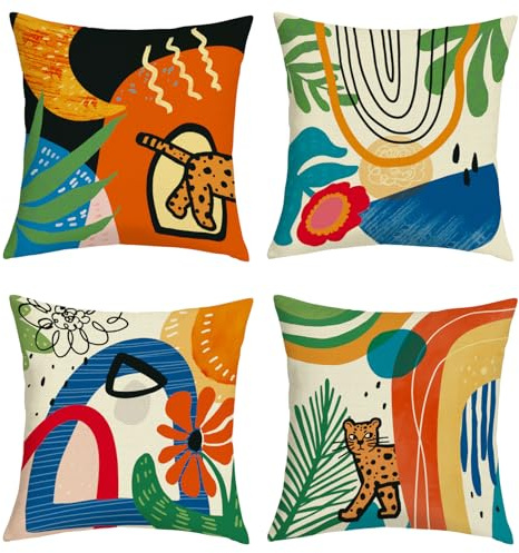 Joymaison Fundas Cojines 45x45 Juego de 4 Modernas Funda de Almohada Abstracto Boho Flores Cojines Fundas Minimalista Geométrico Hojas Cojine Decorativas para Sofá Salón Silla