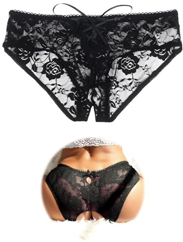 sunshinelady Women's French Knickers Plus Size Sheer Lace Underwear Women Hollow Out Sexy Panties Thongs Soft Stretchy Crisscross Lace-Up Hipster Briefs Black UK 16-18