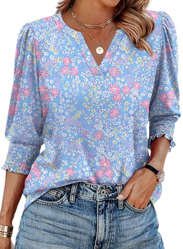 Aokosor Womens 3/4 Sleeve Tops Ladies Blouses V Neck T Shirts Puff Sleeve Tunic Curved Hem Office Wear Size 22-24 Blue Pink Floral