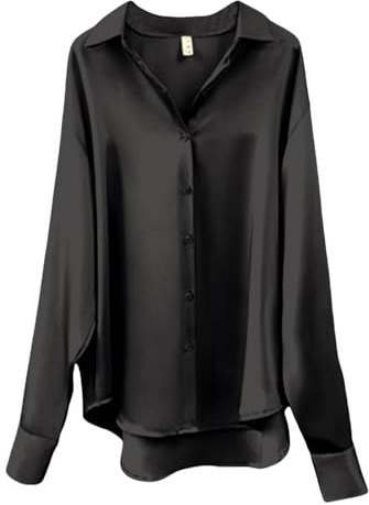 CGGMVCG Damen Tops Sommer Casual Lose Button Down Shirts Langarm Einfarbig Seide Satin Bluse Shirt, Schwarz, M