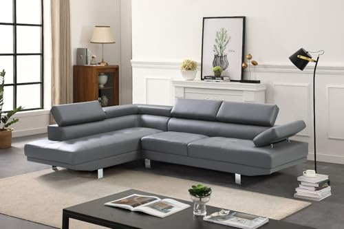 Furniture 786 Black Bonded Corner Couch – Left & Right Hand Grey Sofa - Faux Leather Settees - Contemporary High Back L Shape Settee - Seater Sofa with Adjustable Head Rest (Grey, LH)