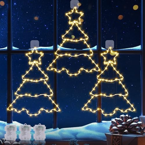 Quntis Luci Natale Finestra, 3 Pezzi 180LEDs Tenda Luci Albero di Natale 8 Modalità con Timer Tenda Luminosa a Batteria Decorazioni Natalizie Luminose per Vetrine Porta Camino, Bianco Caldo 20x30cm