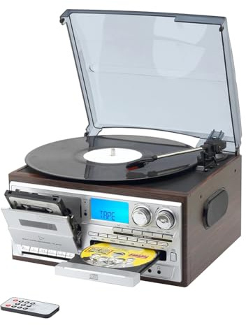 Fangxuee Tocadiscos Multifunción de Vinilo Retro de 3 Velocidades con Radio Am/FM, CD/Casete y Enchufe Europeo.