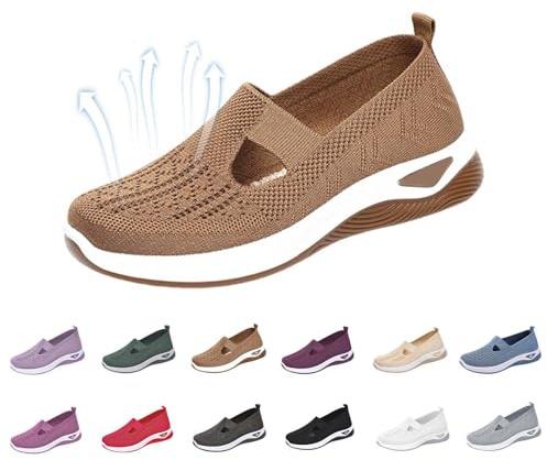 JollyPetal&Twig Orthopedic Shoes for Women,Women Wide Width Breathable Walking Comfortable Slip on Sneakers,Non Slip Arch Support Slip on Shoes Brown 42