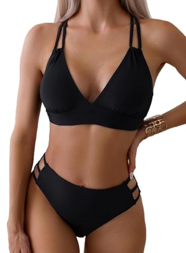 Joligiao Mujer Bikini Sexy Traje de Baño 2 Piezas Cuello en V Bikinis Brasileño con Triángulo Bañadores Bikini Top y Braga Cintura Alta Conjunto de Bikinis Playa