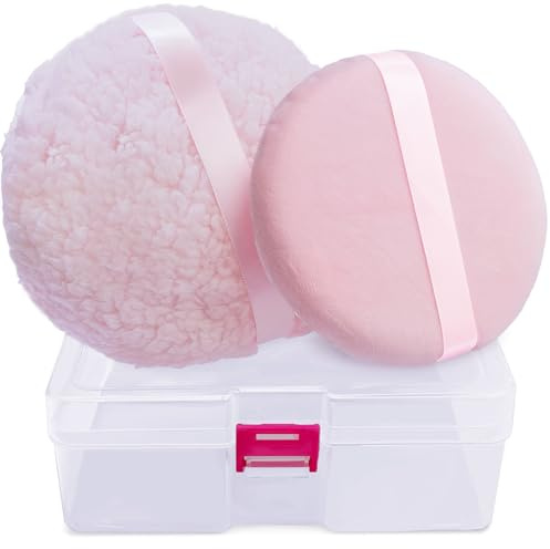 Bafutayawa borla de polvos grande con caja 2 piezas set borlas esponjosas y suaves para polvos corporales caja con borla rosa para mujeres