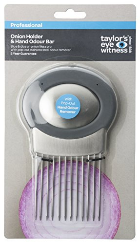 Onion Holder Vegetable Slicer Cutter - Commercial Grade Handheld Stainless Steel Kitchen Tool. Best All-in-One Odour Remover & Chopper for Potatoes Cucumbers Tomatoes and Other Vegetables