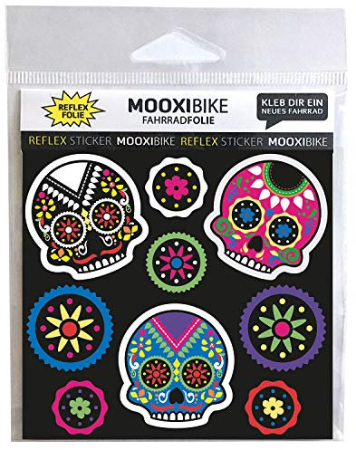 MOOXIBIKE I reflektierende Sticker Día de Muertos, Sichtbarkeit erhöhen an Fahrrad, Roller, Helm und Schultasche durch reflektierende Designbeklebung