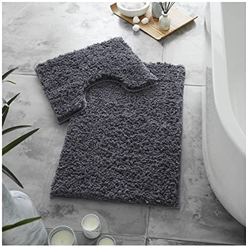 Gaveno Cavailia Luxury Super Soft 2 Piece Zero Twist Bath Mat Pedestal Set Non Slip, Extra Absorbent 100% Polyester Bathroom Toilet Rug, Regular (50x80, 50x40 cm), Charcoal