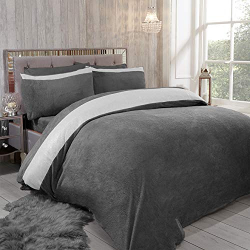Teddy Bear DIAMANTE SHIMMER Fleece Duvet Cover Set with Pillow Case Thermal Fluffy Warm Soft Cozy Bedding Bed Set (Grey, King)