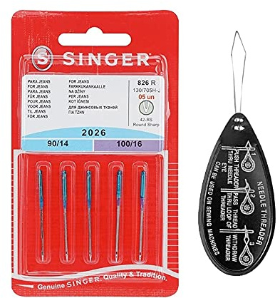 Singer Jeans/Denim 2026 Agujas para máquina de coser, paquete de 5, tamaño: varios tamaños 90/14 y 100/16, incluye enhebrador de agujas grande