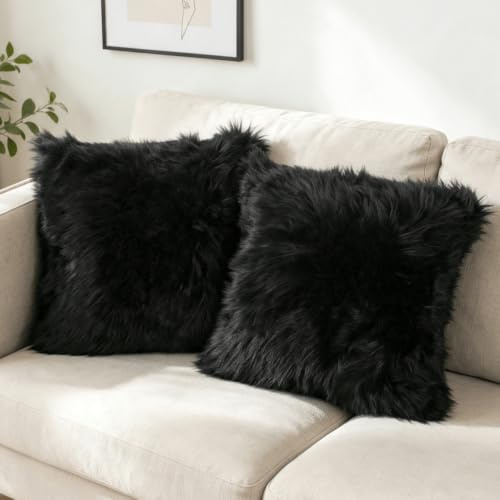 OYIMUA Soft Faux Fur Cushion Covers 45x45cm Black Set of 2 for Sofa Bed | Fluffy Decorative Pillow Covers 18x18 for Living Rooms,Bedrooms,Offices,Machine Washable,Hidden Zipper,Fade-Resistant