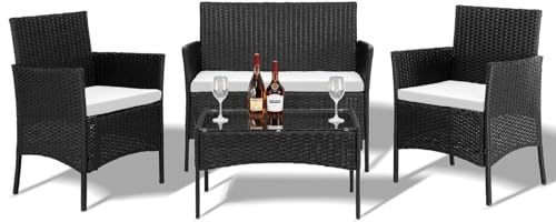 Outvita 4 Pieces Patio Furniture Set, Rattan Conversation Sets with Loveseat Soft Cushion and Glass Table for Garden Backyard Balcony Porch Poolside(Black)