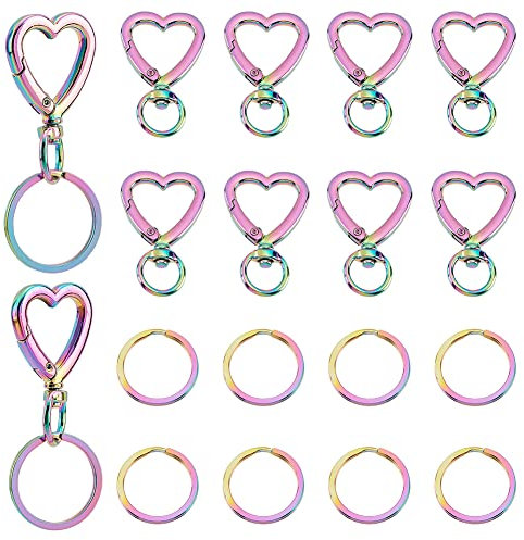 PandaHall 20 Stück Regenbogen Drehverschlüsse Set 10 Stück Herzförmige Legierungs Karabinerhaken Für Schlüsselband Schlüsselanhänger Mit runde Geteilte Schlüsselringe Aus Edelstahl Für Schlüsselband