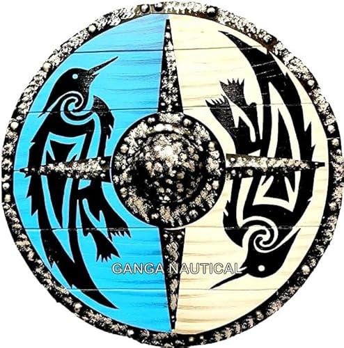Ganga Nautical Mittelalterlicher Wikinger Schild, Ragnar Wikinger Schild Battle Ready Viking Schild Holz Rund Schild Wikinger 24 Zoll Cosplay Holz Mittelalter Schild