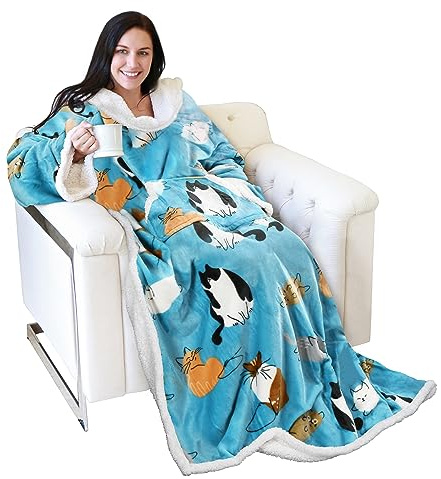 Manta de TV Manta de Peluche Manta de Cuerpo Entero con Mangas y Bolsillos Manta de Doble Cara Microfelpa Polar Sherpa Mantas cálidas Regalo para Adultos Mujeres Hombres 185 cm x 140 cm, Idea de