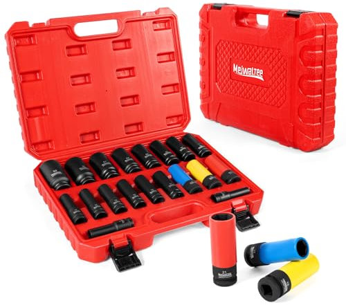 Meiwaltee 1/2 Zoll Schlagschrauber nüsse Set 10-32 MM, 19 tlg Impact Socket Set, Mit 3tlg Kraft Schoneinsatz Set 17-19 -21 MM Alufelgen Schonnüsse Radwechsel | Cr-Mo | 85MM Länge