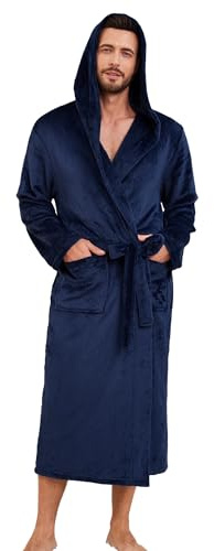 EK4YDNDS Mens Hooded Fleece Robe, Lightweight Soft Warm Fleece Bathrobe Shower Spa Long Robe With Pockets(Navy,S/M)