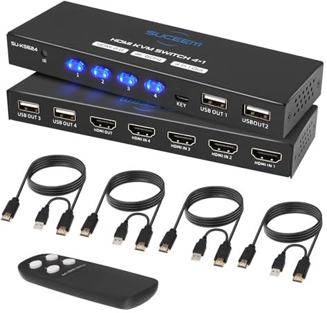 Suceem KVM Switch HDMI 4K@60Hz für 4 Computer 1 Monitor, KVM Switches 4 Port PC Share Monitor USB 2.0 Tastatur Maus, Fernbedienung und 4 KVM-Kabel und Desktop Controller im Lieferumfang Enthalten