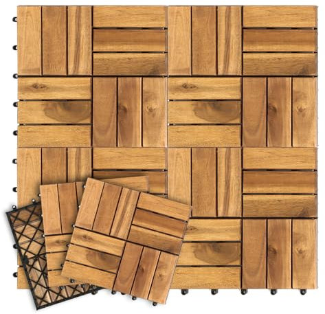 Fiqops Lot de 55 dalles de terrasse en bois d'acacia - 30 x 30 cm - 5 m² - Sol de terrasse extérieur - À clipser - Mosaïque pour jardin, patio, balcon (12 lattes)