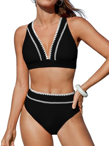 CUPSHE Ensemble de bikini pour femme - Taille haute - Col en V - Bretelles croisées à nouer - Couleurs en bloc - Bretelles larges - Deux pièces, Noir , M
