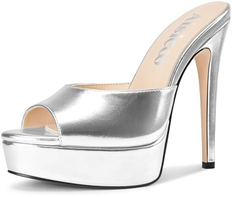 Aisicoo Womens Stiletto High Platform Heel Peep Open Toe Sandals Mules Shoes Slip-on Prom Party Dress Summer 5.3 Inches Heels, Silver, 4.5 UK