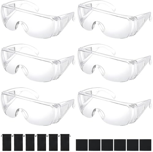 Zythrem 6Pcs Safety Glasses Clear Safety Goggles Over Glasses Anti Fog Eye Protection Glasses Protective Goggles with Storage Bag & Eyeglass Cloth Safety Glasses for Work Construction Lab Science